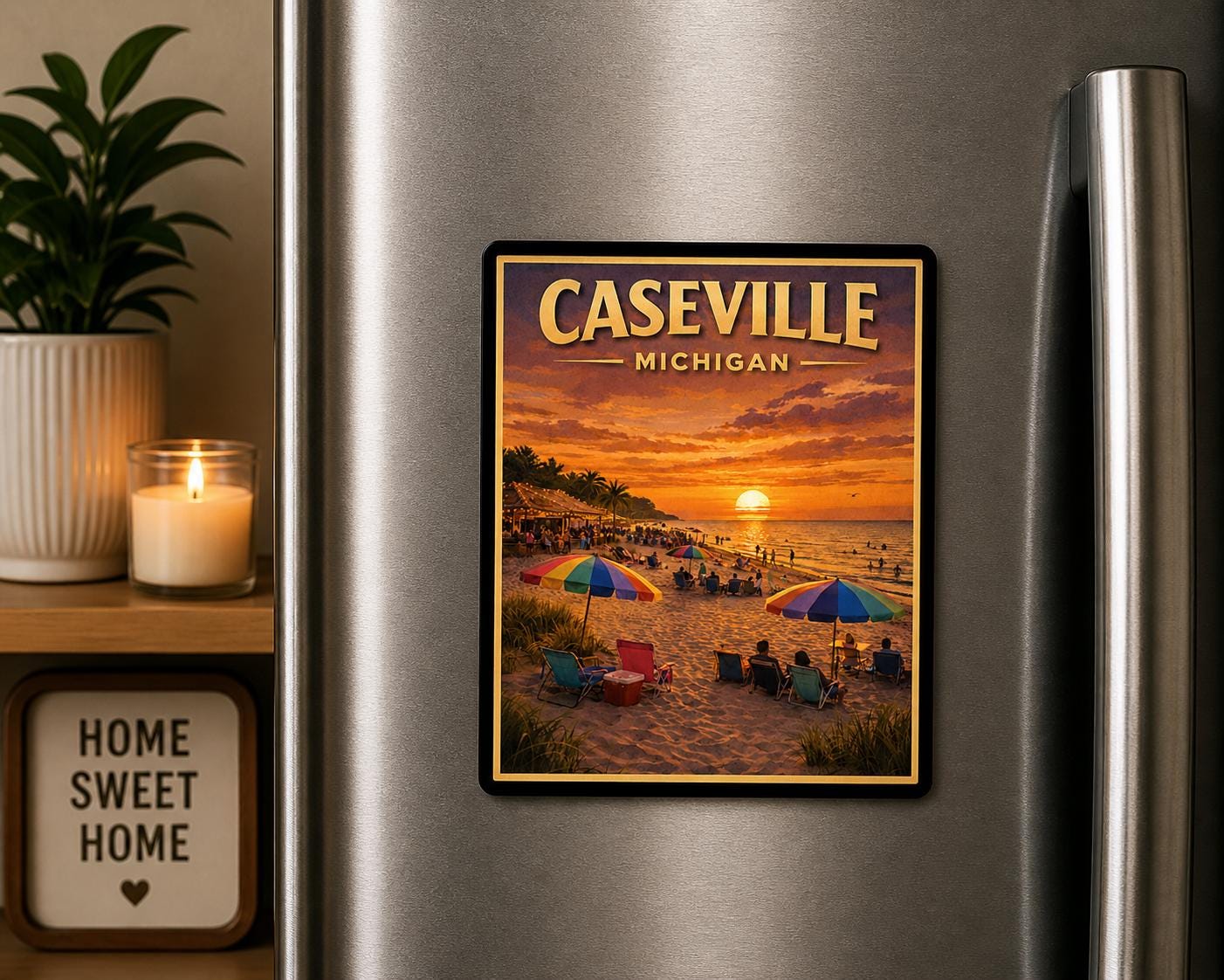 Caseville Michigan Magnet | Lake Huron Sunset Beach Souvenir, 2x2 Inch Fridge Cling