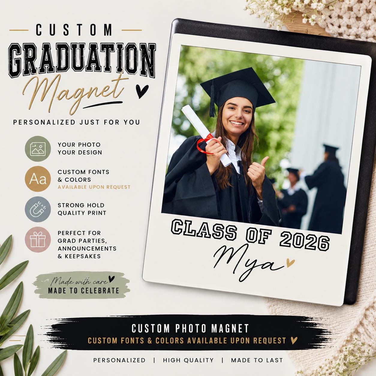 Custom Graduation Photo Magnet | Polaroid Style Party Favor, Class of 2026 Keepsake